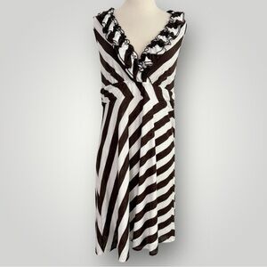INC International Concepts Striped Ruffle Neckline Sleeveless Dress Size L Brown